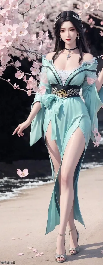 古风御姐手机壁纸｜樱花沙滩背景图片 - 青色露肩长裙「哲风壁纸」