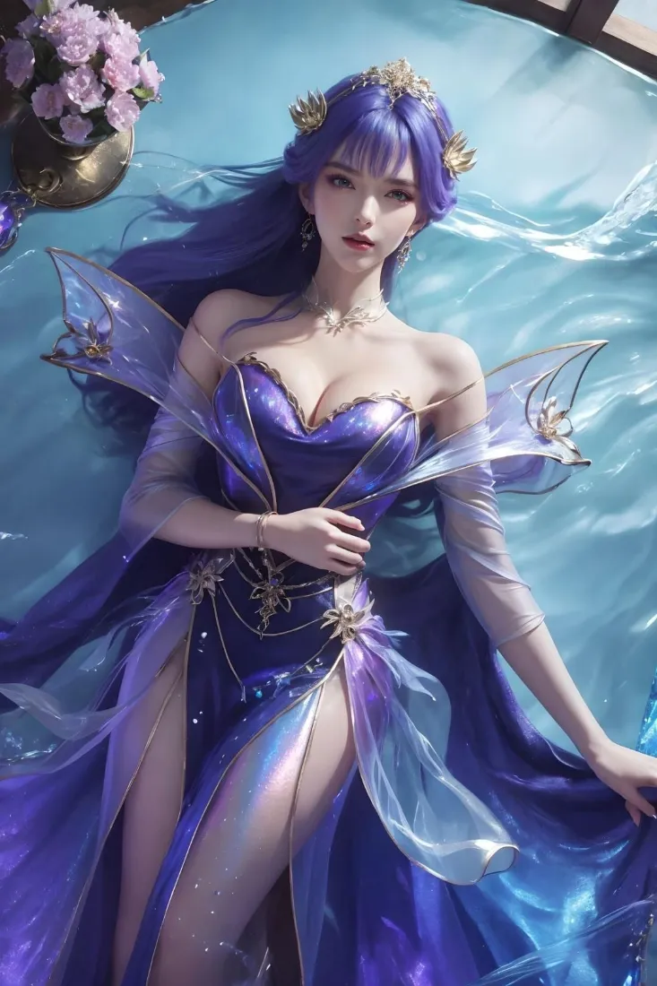 紫发动漫美女手机壁纸｜水面背景图片 - 紫色礼服长发少女「哲风壁纸」