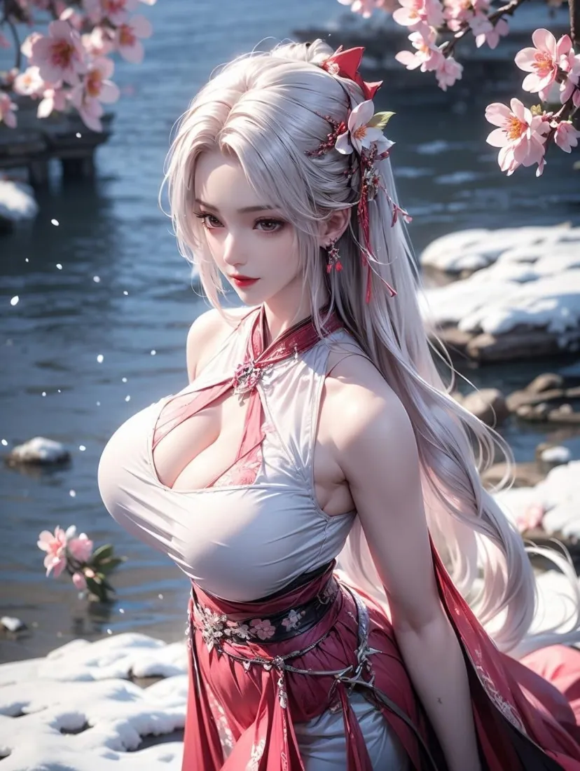 古风银发美女手机壁纸｜桃花雪景背景图片 - 二次元国风「哲风壁纸」