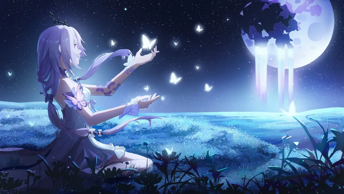 4k紫发蝴蝶少女壁纸｜星空月下海面背景图片 - 二次元插画「哲风壁纸」