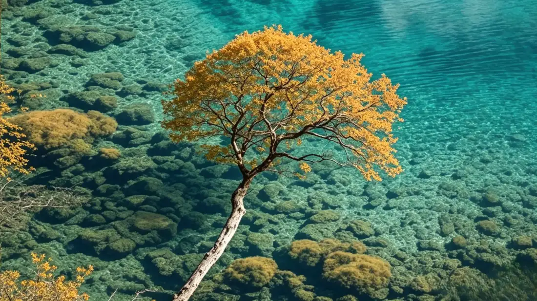 3k湖畔黄叶树壁纸｜碧绿湖水背景图片 - 清新自然风景「哲风壁纸」