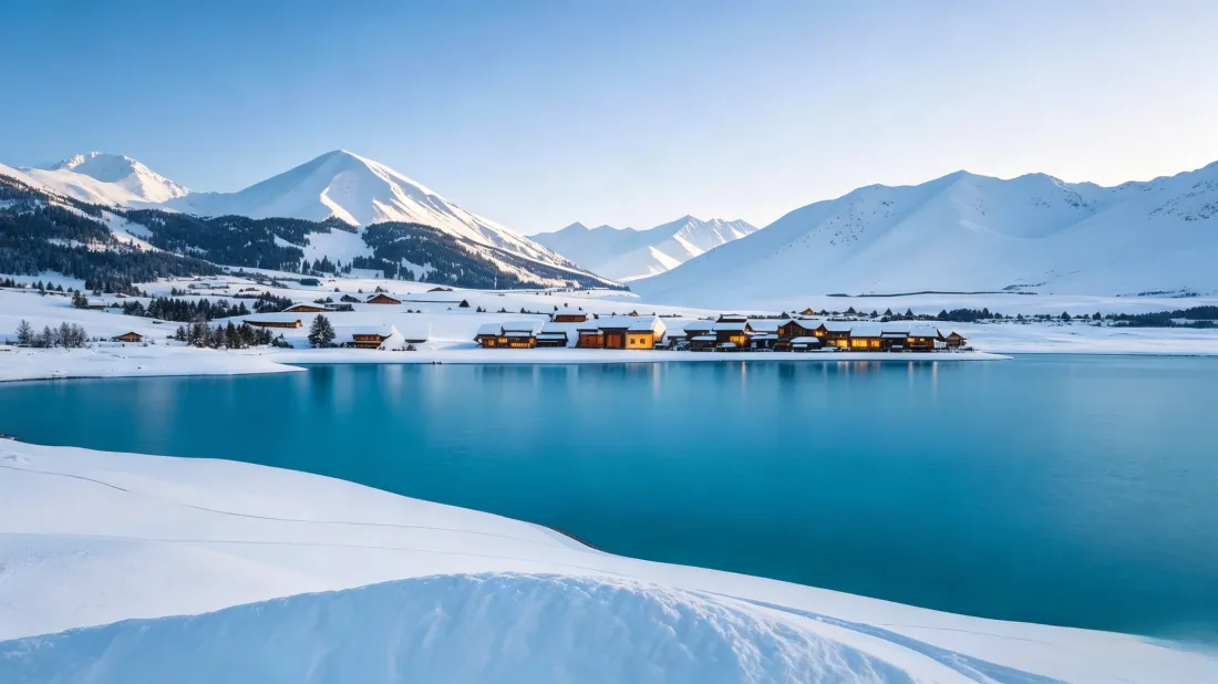 3k冬日雪山壁纸｜蓝湖村庄背景图片 - 治愈冬季雪景「哲风壁纸」