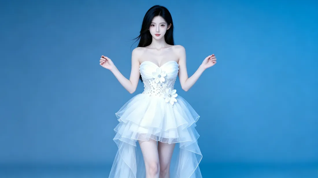 3k抹胸白纱裙美女壁纸｜纯色蓝背景图片 - 时尚好看写真「哲风壁纸」