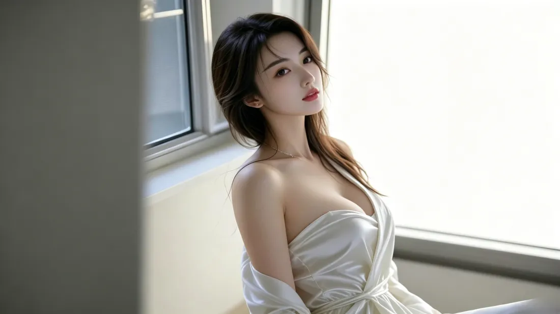 3k美女壁纸｜窗边光影背景图片 - 白色抹胸裙气质写真「哲风壁纸」