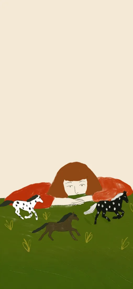 原野闲思手机壁纸｜治愈童趣背景图片 - 女孩草地小马插画「哲风壁纸」