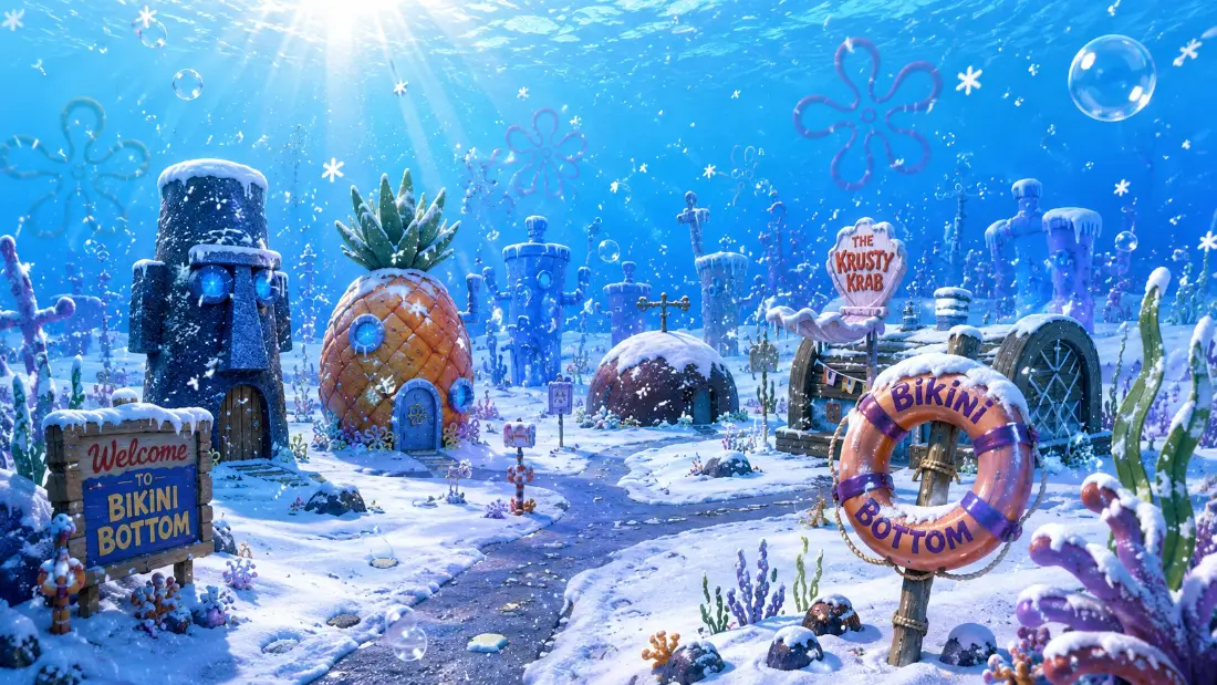 2k比奇堡壁纸｜下雪海底背景图片 - 海绵宝宝二次元动漫场景「哲风壁纸」