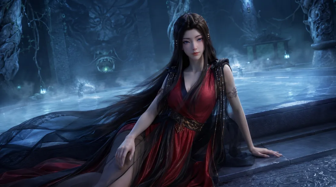 6k凡人修仙传元瑶壁纸｜幽暗水底背景图片 - 红衣仙侠御姐「哲风壁纸」