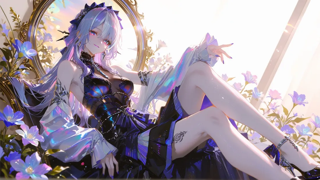 2k蓝发礼服少女壁纸｜紫色花簇背景图片 - 二次元插画「哲风壁纸」