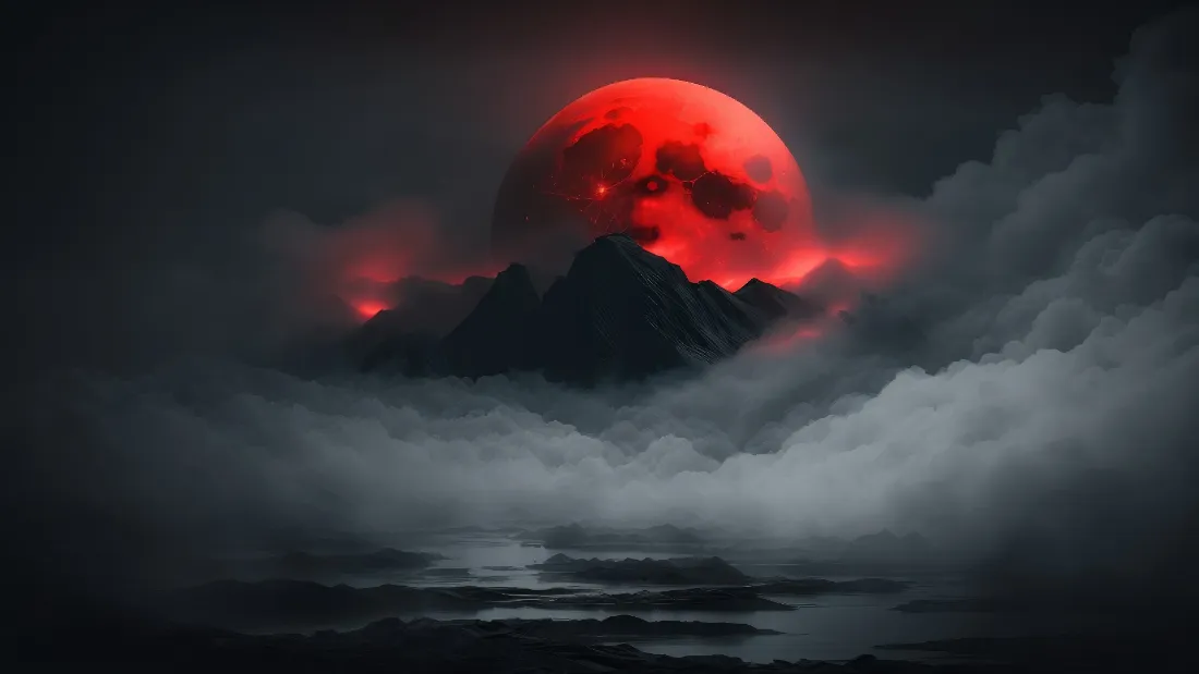 2k红月山川壁纸｜云雾水面背景图片 - 暗黑氛围感夜景「哲风壁纸」