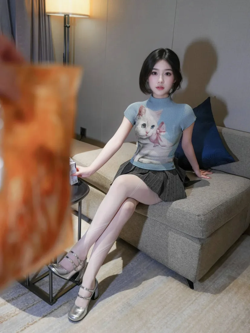 可爱短发美女手机壁纸｜居家沙发背景图片 - 活泼休闲穿搭「哲风壁纸」