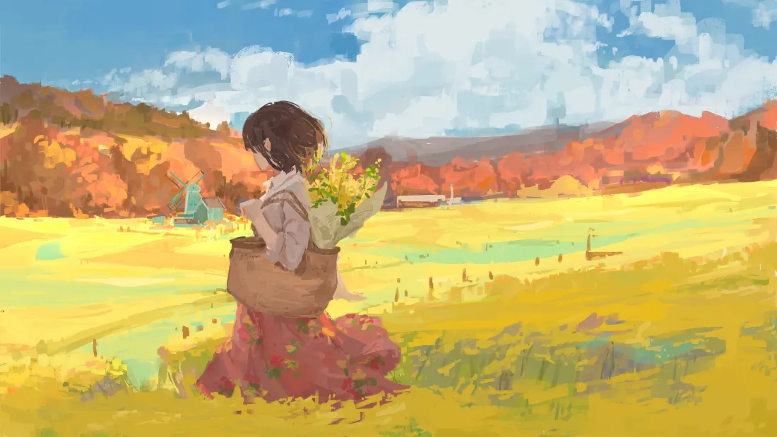 4k动漫少女壁纸｜油画风原野背景图片 - 治愈秋日场景「哲风壁纸」
