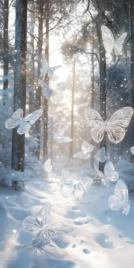 冬日雪林手机壁纸｜冰晶蝴蝶阳光背景图片 - 梦幻雪景氛围「哲风壁纸」