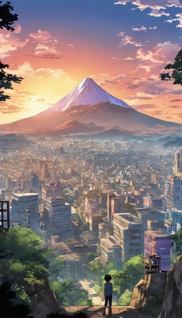 动漫富士山手机壁纸｜日落城市背景图片 - 治愈氛围感场景「哲风壁纸」