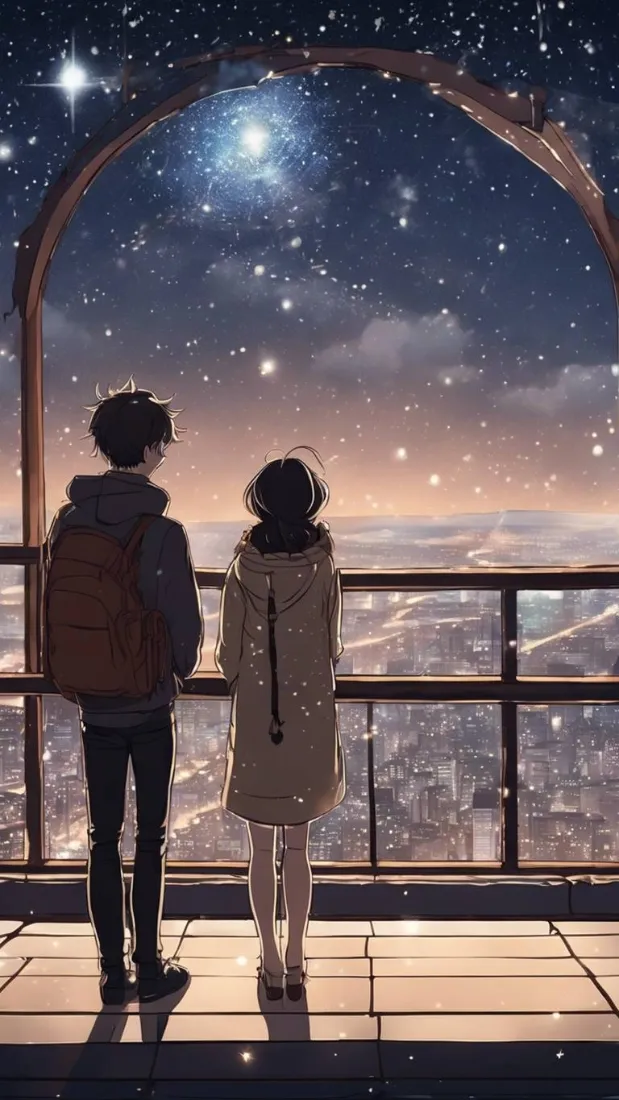动漫情侣手机壁纸｜高空观景星空城市背景图片 - 浪漫氛围感「哲风壁纸」