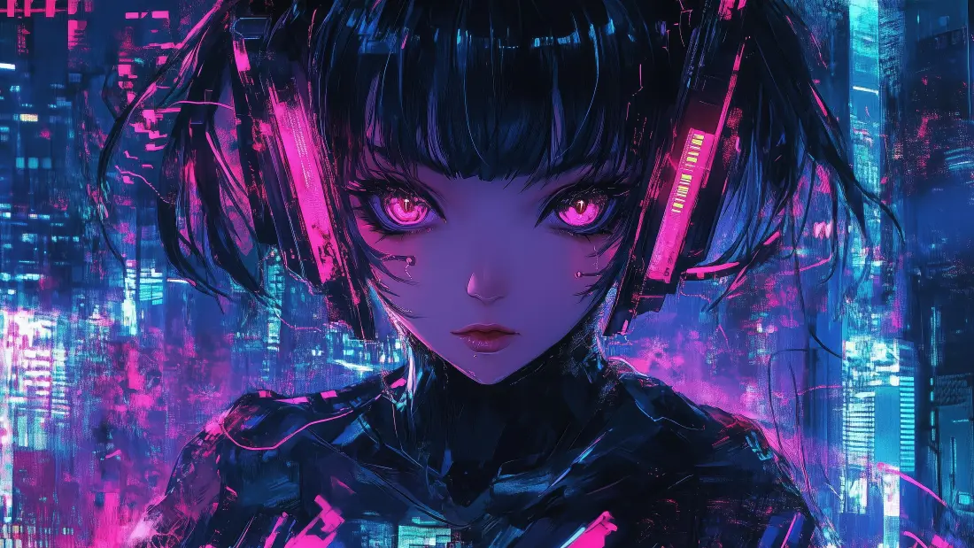 4k赛博朋克少女壁纸｜霓虹城市背景图片 - 二次元插画「哲风壁纸」