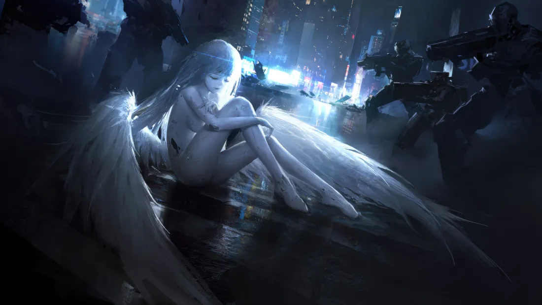 4k银发翅膀少女壁纸｜冷光暗黑背景图片 - 二次元萝莉插画「哲风壁纸」