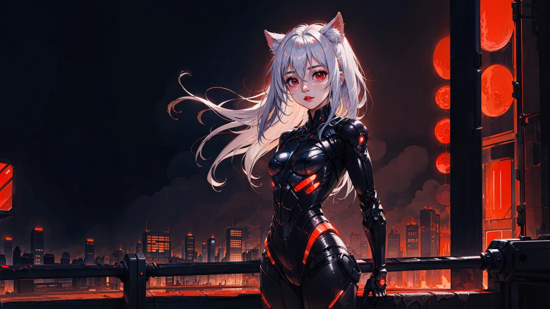 4k银发猫耳少女壁纸｜城市霓虹背景图片 - 二次元皮衣少女「哲风壁纸」