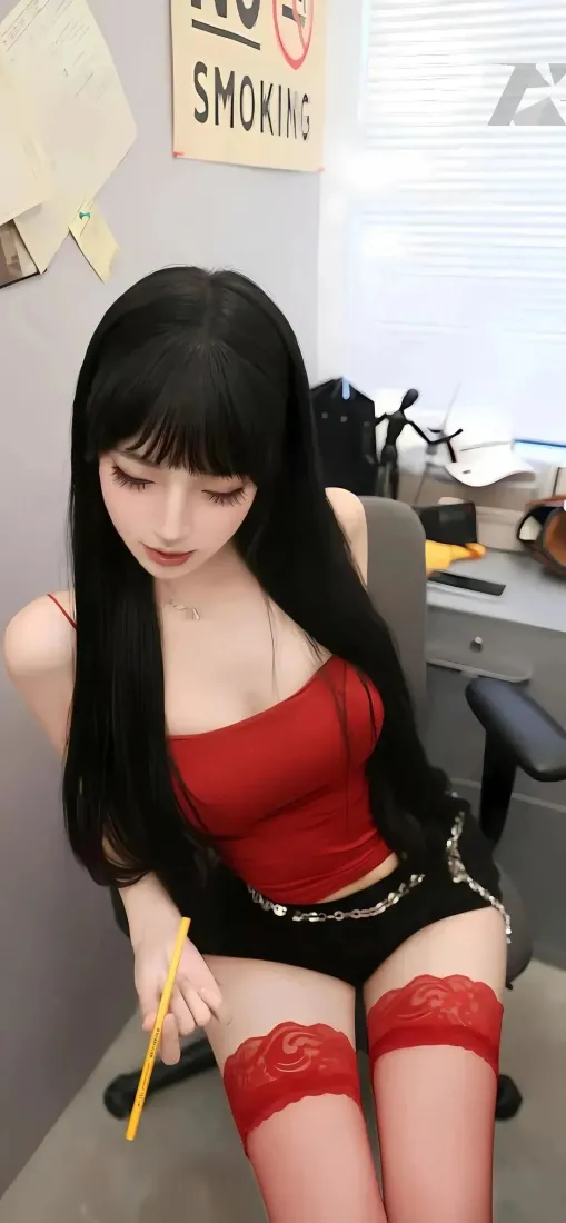 红衣齐刘海美女手机壁纸｜办公室性感背景图片 - 时尚人像「哲风壁纸」