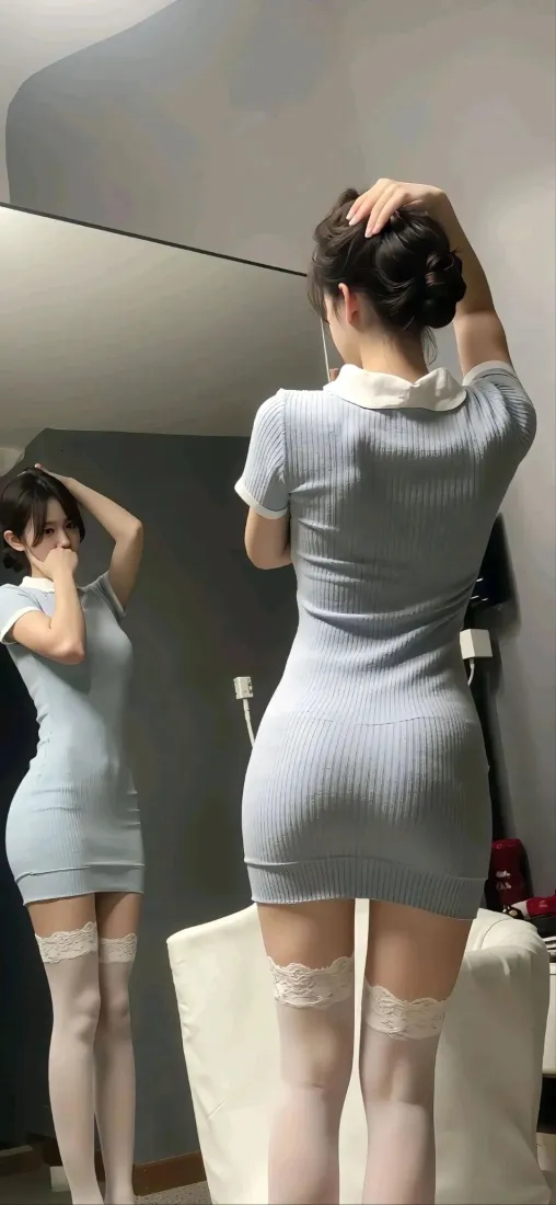 气质美女手机壁纸｜室内镜前背景图片 - 修身短裙穿搭「哲风壁纸」