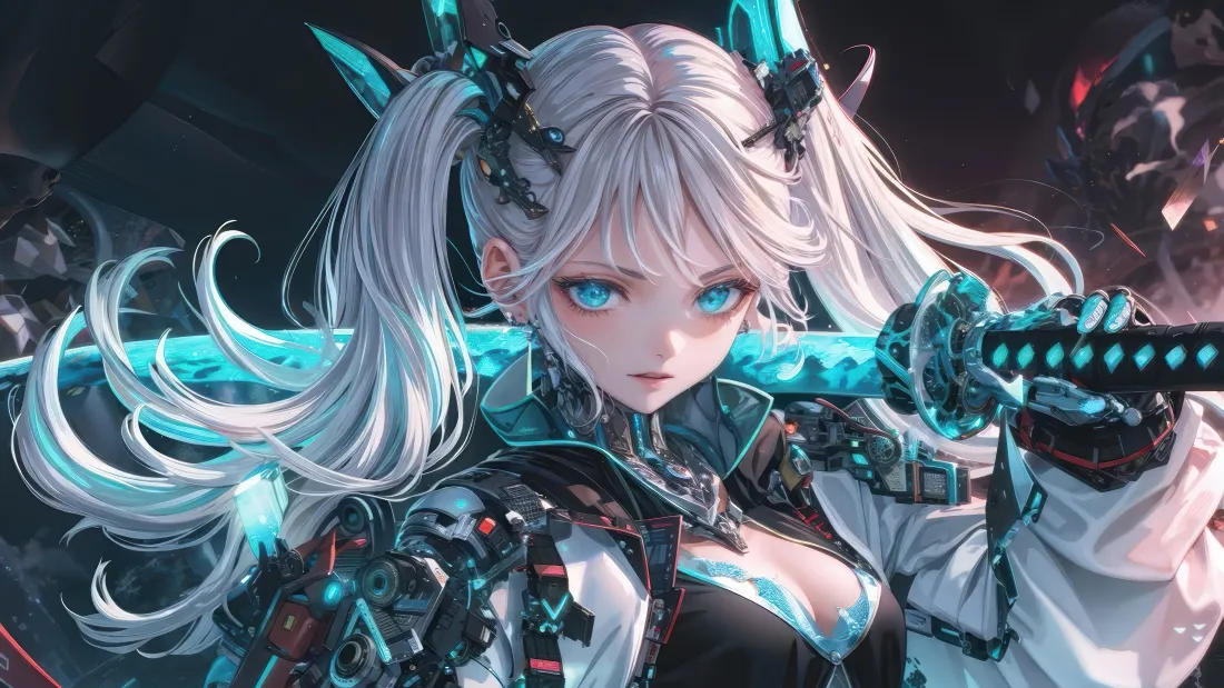 4k银发双马尾少女壁纸｜蓝光武士刀背景图片 - 赛博二次元「哲风壁纸」