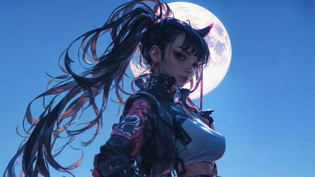 4k二次元猫耳少女壁纸｜蓝天满月背景图片 - 酷飒插画「哲风壁纸」