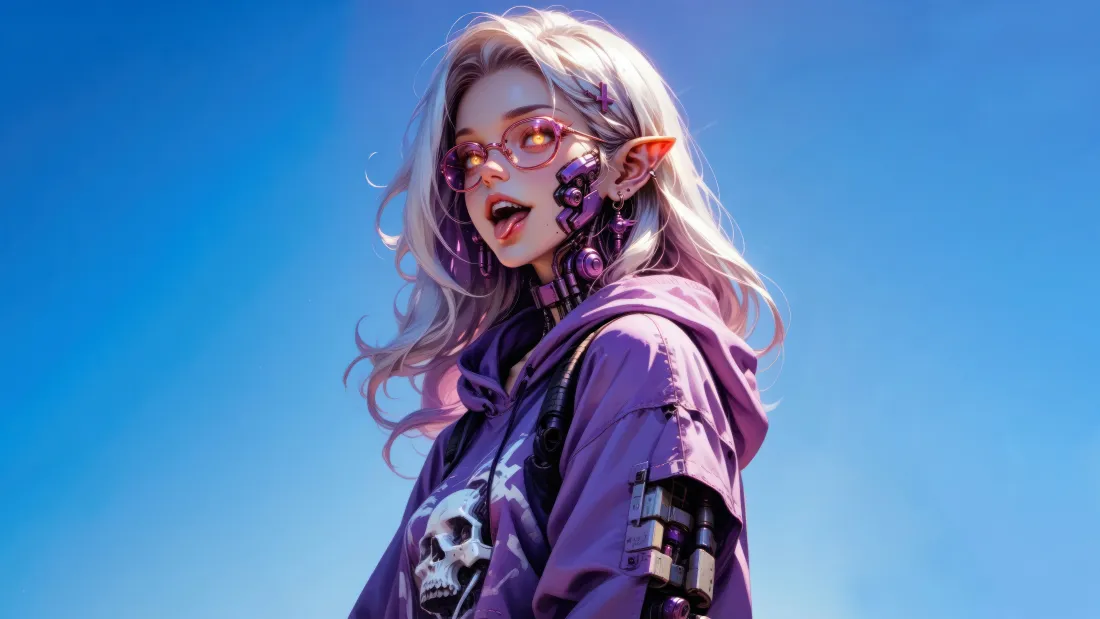 8k精灵少女壁纸｜蓝天背景图片 - 紫色酷飒二次元插画「哲风壁纸」