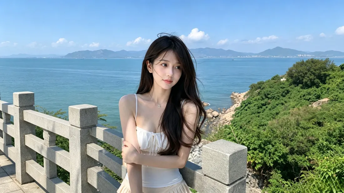 3k长发白衣高颜值美女壁纸｜海边晴天绿植背景图片 - 休闲氛围感「哲风壁纸」