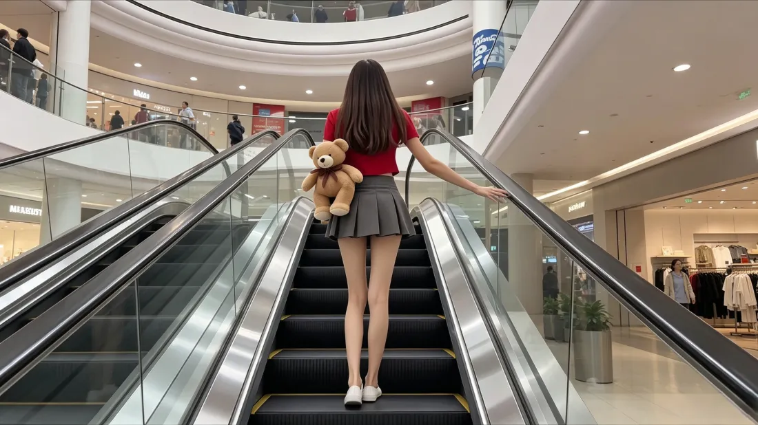 3k少女壁纸｜商场扶梯背景图片 - 抱泰迪熊时尚穿搭「哲风壁纸」
