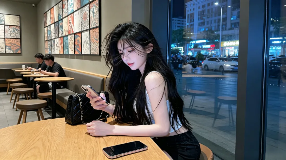 3k长发美女壁纸｜咖啡馆夜景背景图片 - 清冷氛围感少女「哲风壁纸」