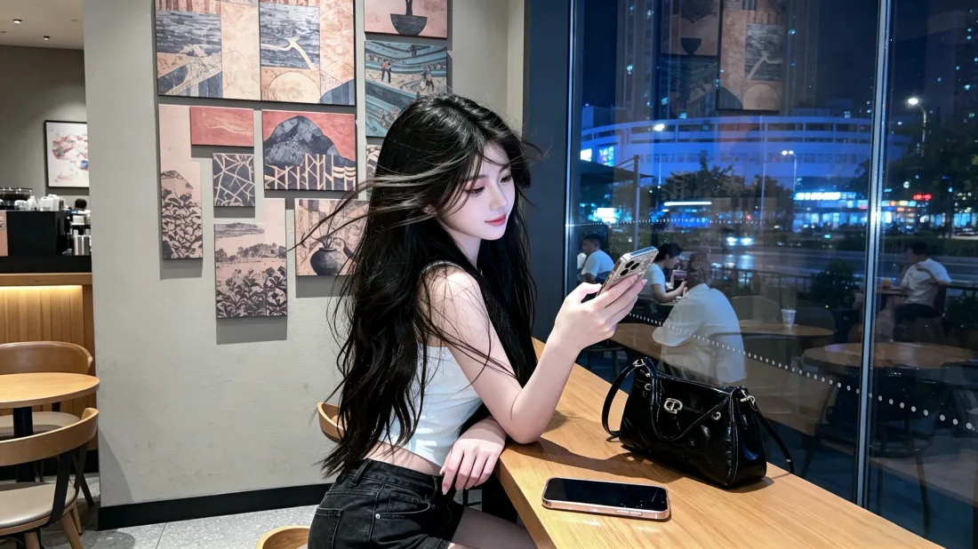 3k长发美女壁纸｜咖啡店夜景背景图片 - 时尚氛围感写真「哲风壁纸」