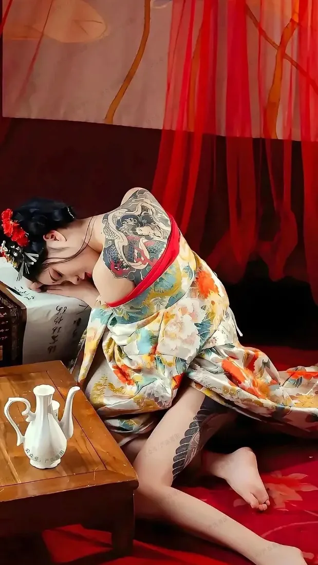 国风旗袍美女手机壁纸｜红色复古背景图片 - 纹身气质少女「哲风壁纸」