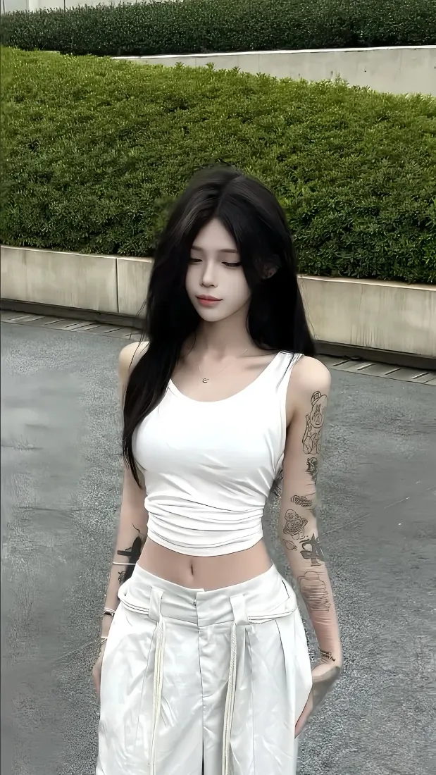 花臂美女手机壁纸｜户外马路背景图片 - 白色时尚穿搭「哲风壁纸」