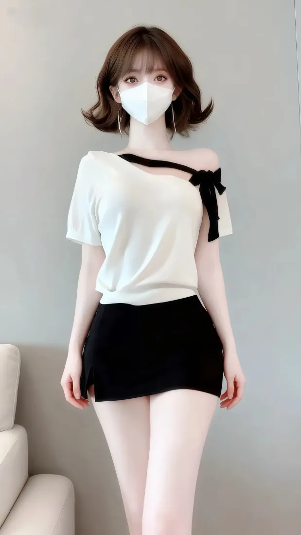 戴口罩短发美女手机壁纸｜简约室内背景图片 - 时尚穿搭「哲风壁纸」