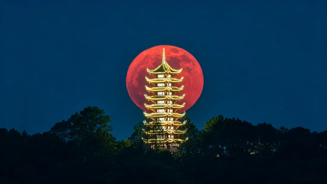 3k红月古塔壁纸｜中式建筑夜空背景图片 - 氛围感国风风景「哲风壁纸」