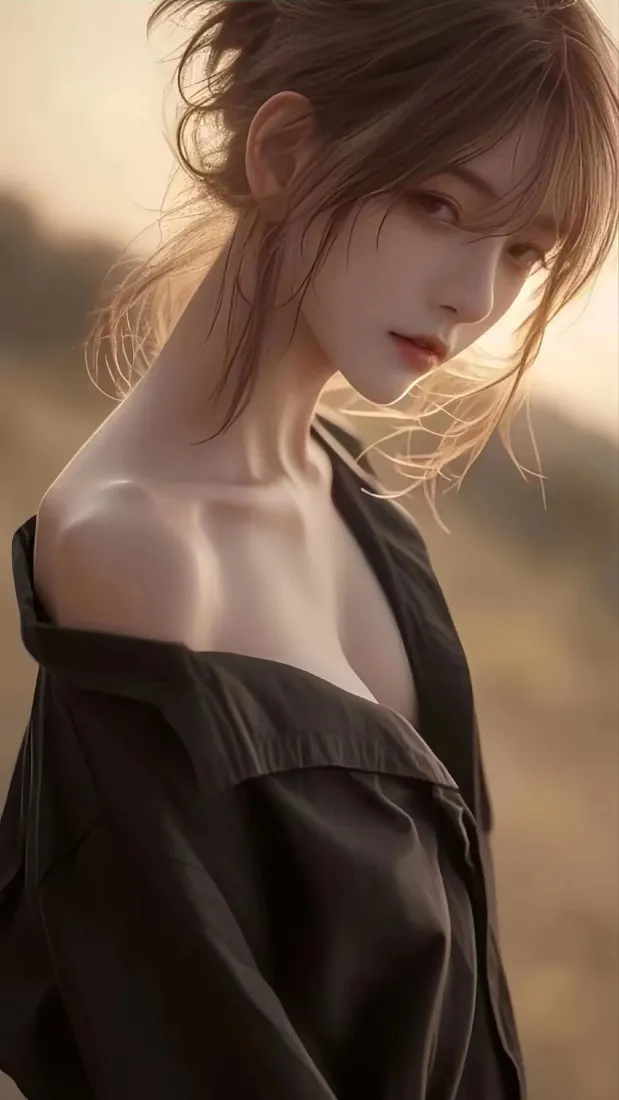 美女手机壁纸｜露肩黑衣黄昏背景图片 - 氛围感写真「哲风壁纸」