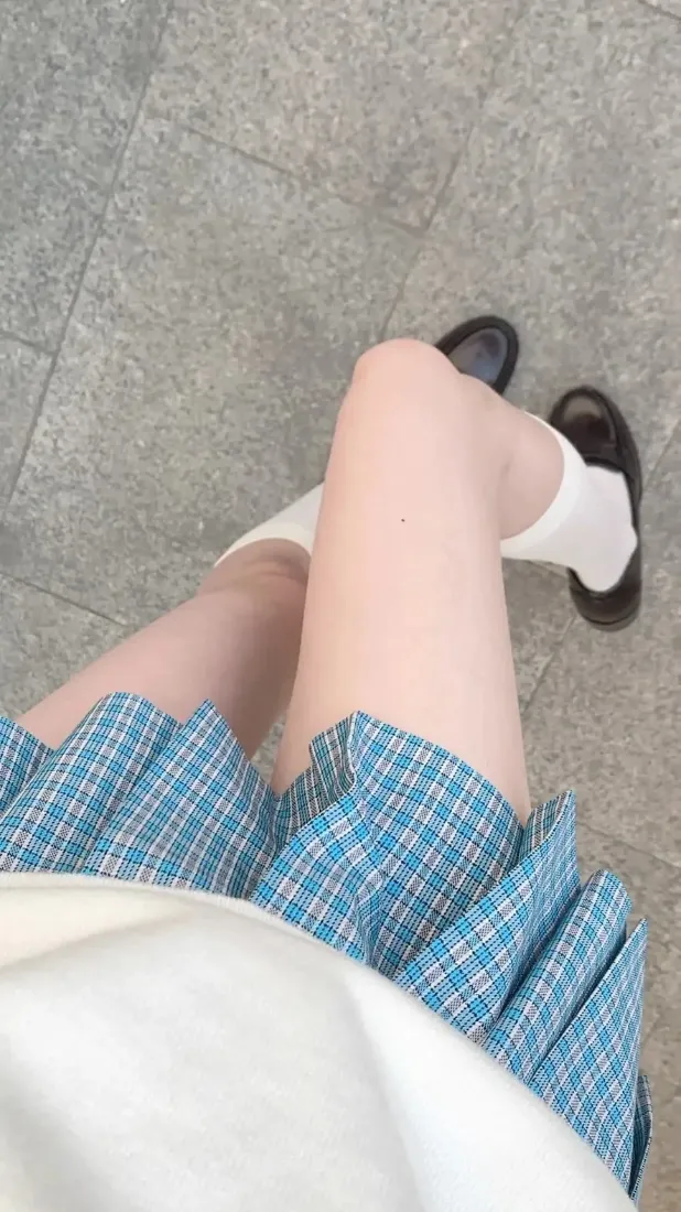 美女穿搭手机壁纸｜蓝格百褶裙背景图片 - 白袜小皮鞋「哲风壁纸」