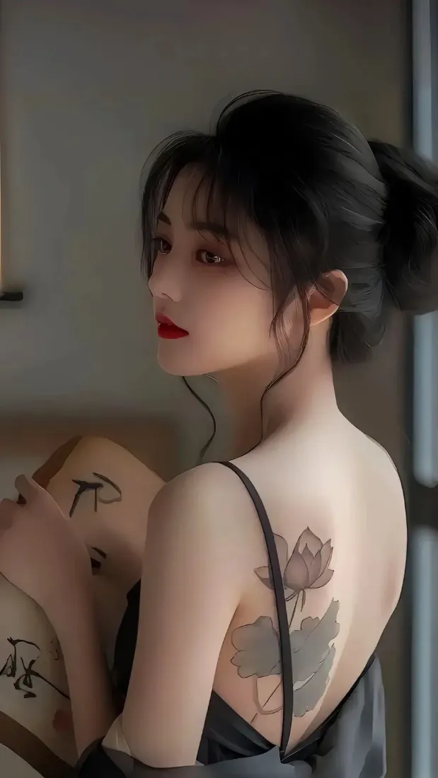 丸子头美女手机壁纸｜玫瑰纹身背景图片 - 氛围感人像「哲风壁纸」
