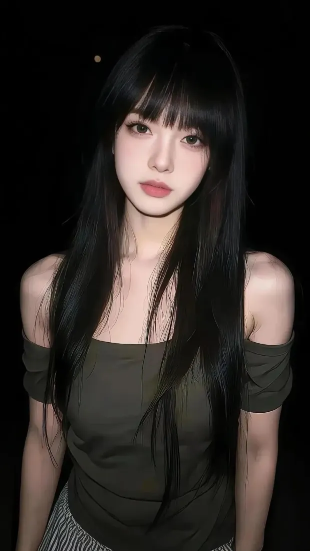 黑长直美女手机壁纸｜纯黑背景图片 - 清冷露肩时尚人像「哲风壁纸」
