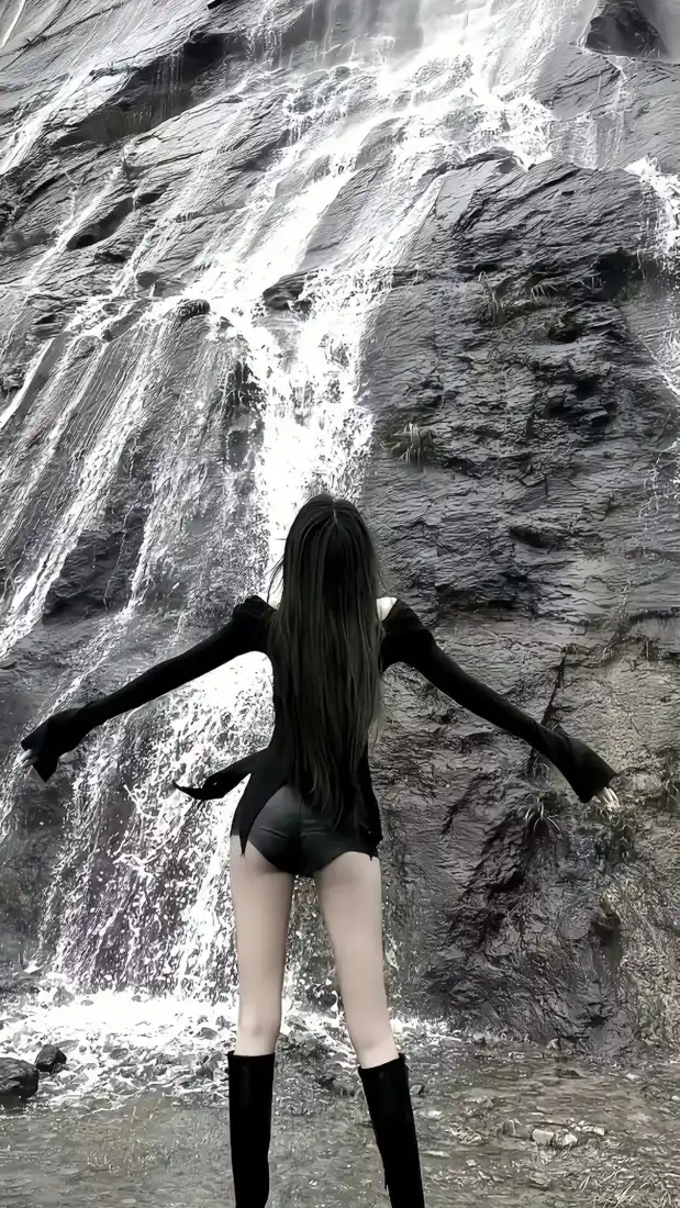 黑衣美女手机壁纸｜瀑布户外背景图片 - 氛围感人像「哲风壁纸」
