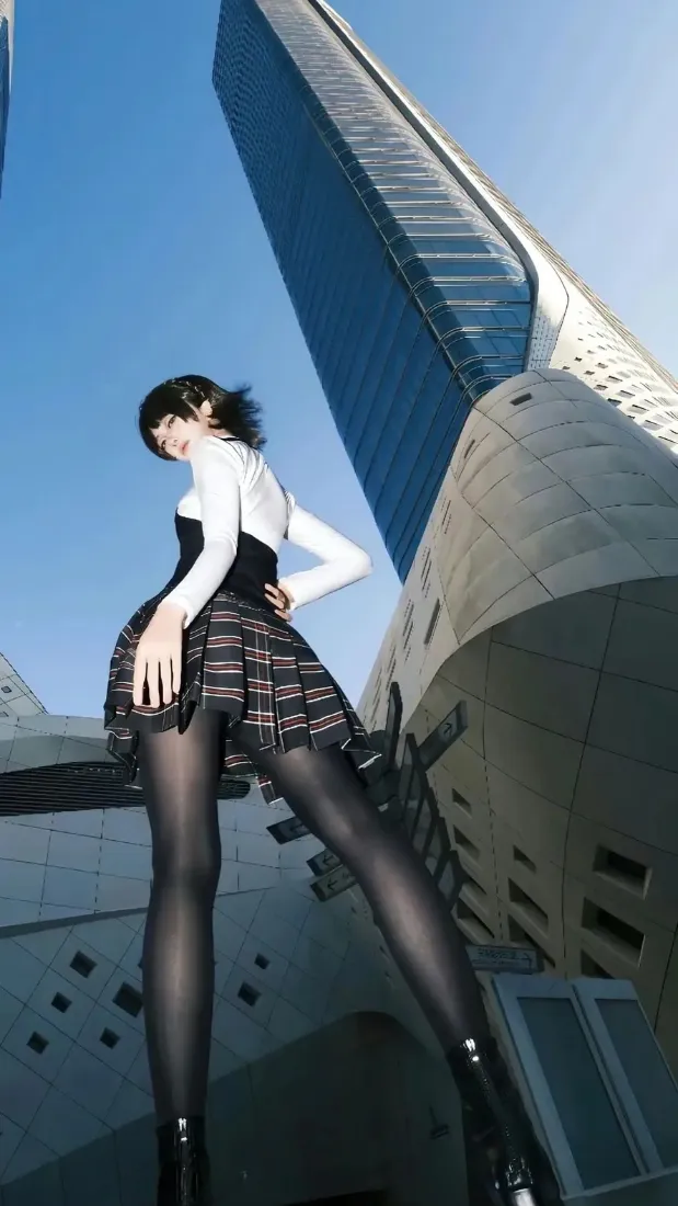 都市美女手机壁纸｜摩天大楼蓝天背景图片 - 时尚黑丝穿搭「哲风壁纸」