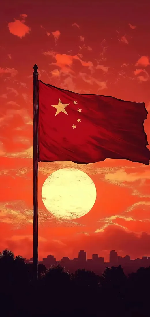 五星红旗手机壁纸｜爱国背景图片 - 夕阳城市剪影「哲风壁纸」