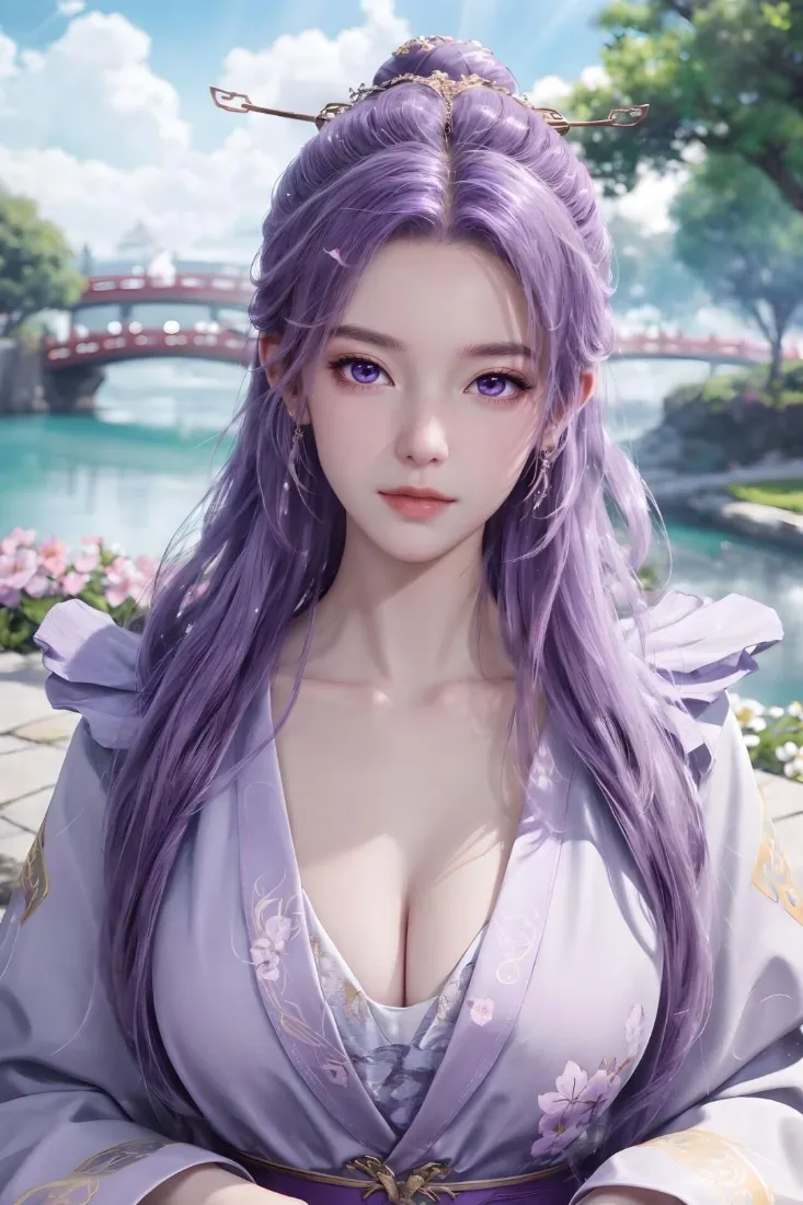 紫发古风美女手机壁纸｜湖景园林背景图片 - 二次元插画「哲风壁纸」