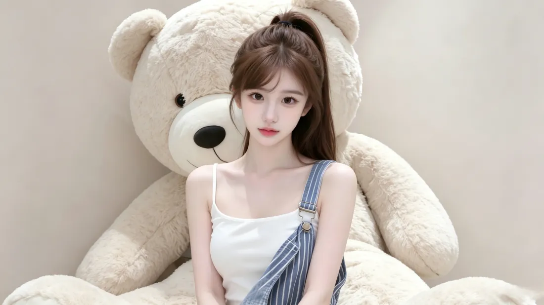 3k高马尾少女壁纸｜大熊玩偶背景图片 - 甜美清纯写真「哲风壁纸」
