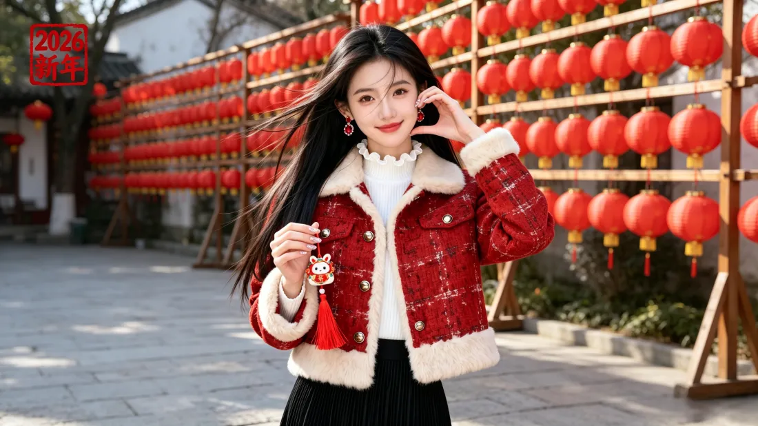 3k新年美女壁纸｜红灯笼古街背景图片 - 喜庆冬日穿搭「哲风壁纸」