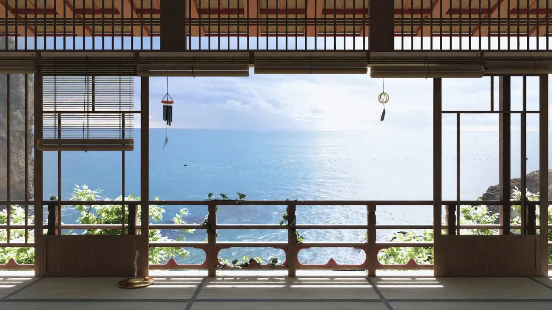 6k海岸风光壁纸｜日式檐下观海背景图片 - 静谧自然景致「哲风壁纸」