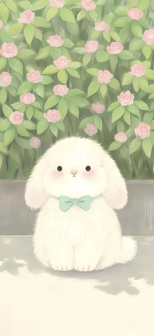 可爱小兔子手机壁纸｜花墙绿植背景图片 - 软萌治愈插画「哲风壁纸」