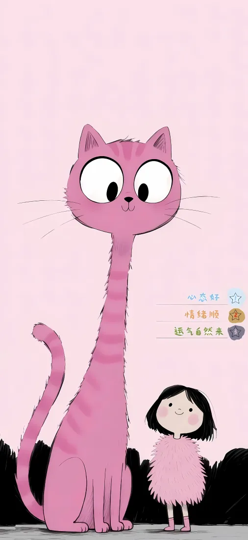 长颈猫手机壁纸｜粉色小女孩背景图片 - 可爱治愈插画「哲风壁纸」