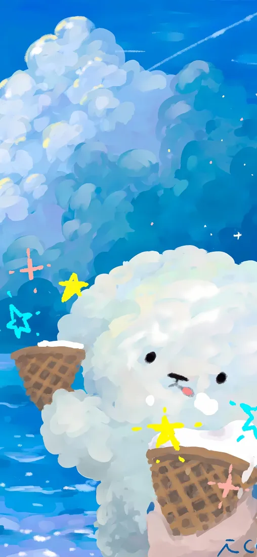 卡通云朵冰淇淋手机壁纸｜蓝天大海星星背景图片 - 可爱治愈「哲风壁纸」