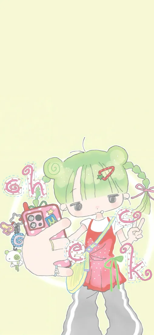 绿发卡通女孩手机壁纸｜浅黄背景图片 - 可爱Q版插画「哲风壁纸」