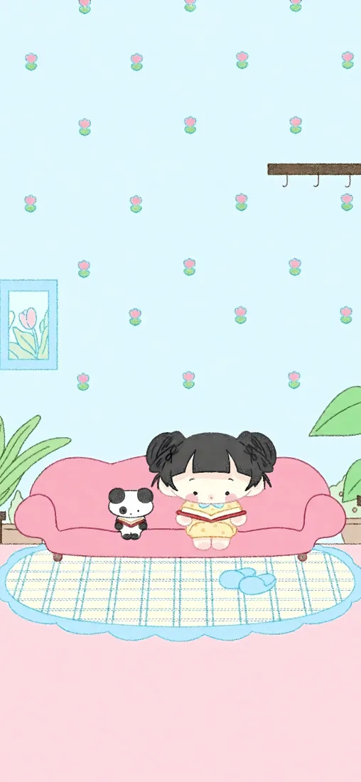 可爱小女孩手机壁纸｜粉色沙发居家背景图片 - 治愈手绘「哲风壁纸」